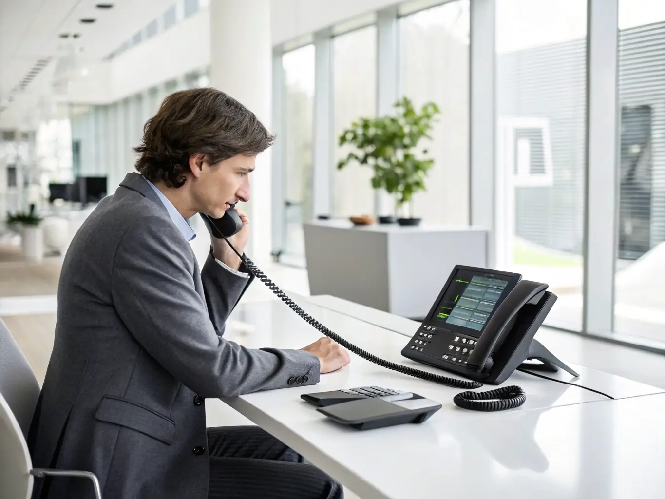 A professional using a VoIP phone in a modern office setting, illustrating the clarity and efficiency of Viettelai's VoIP services.