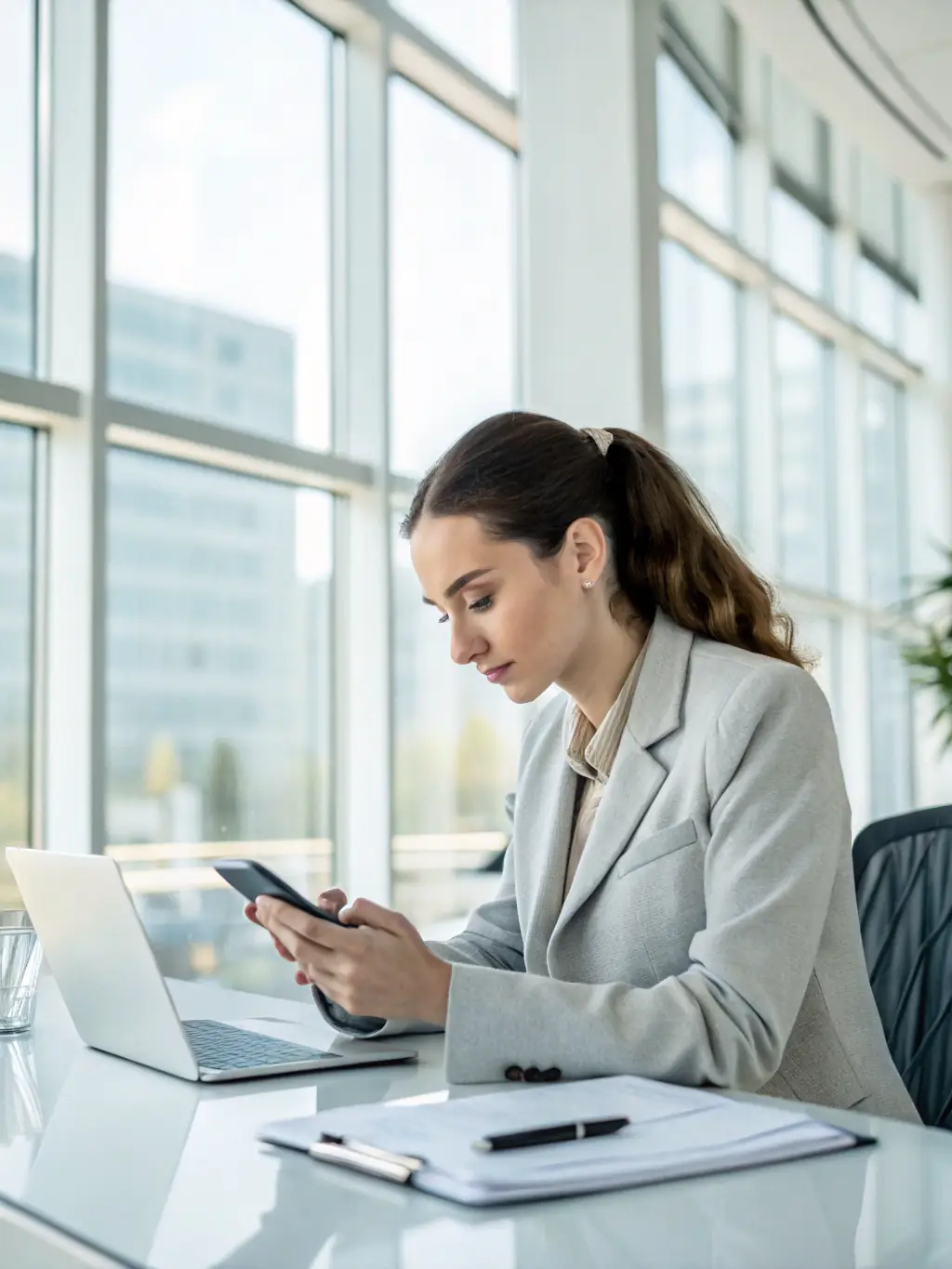 A professional photograph of a person using a smartphone in a modern office setting, showcasing Viettelai's mobile services.
