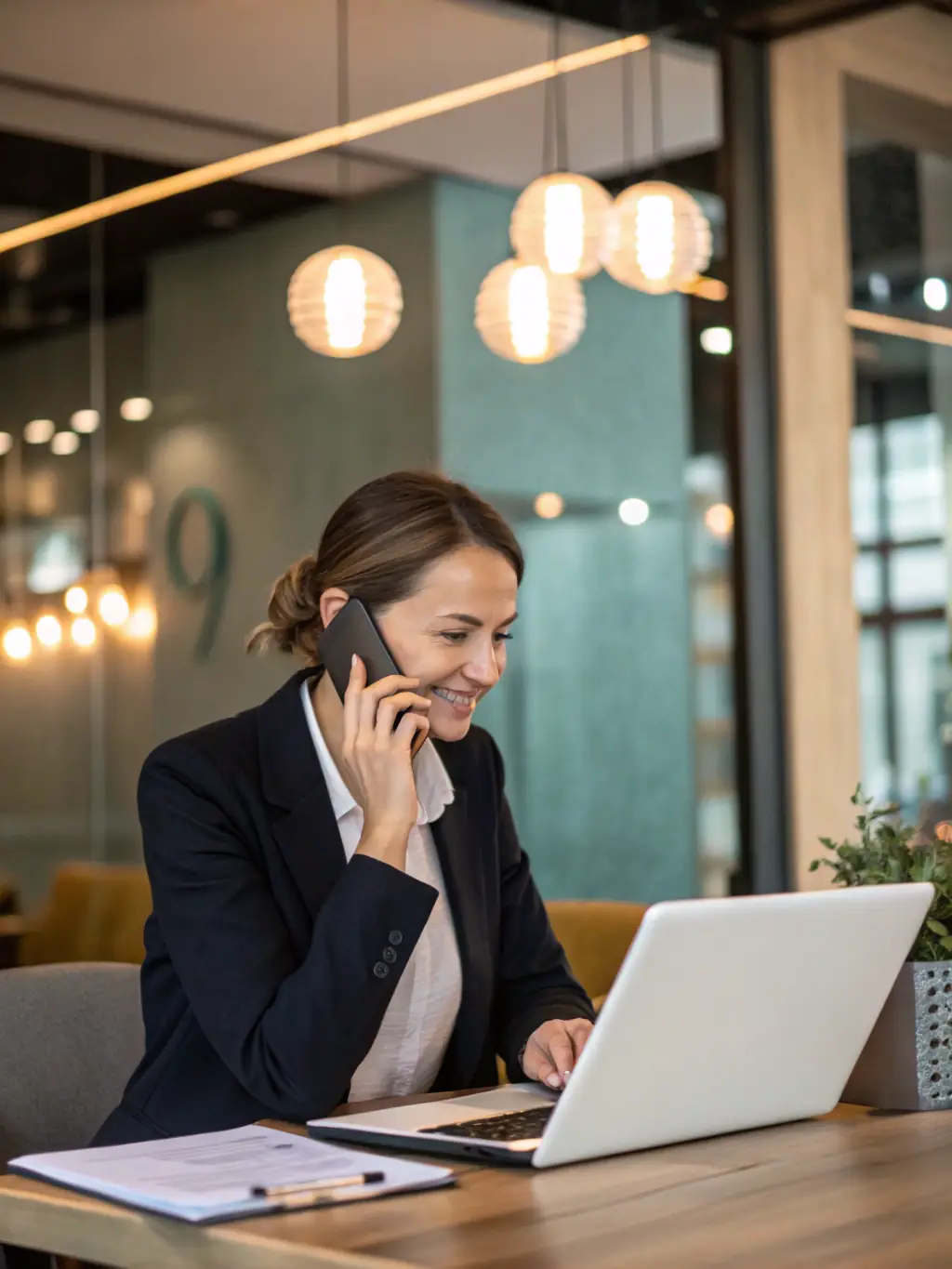 A professional using a VoIP phone in a modern office setting, highlighting Viettelai's VoIP services for business communication.